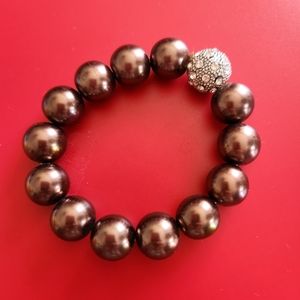Designer Brown Beads w/ 1 Silver Jeweled Bead Elastic Bracelet